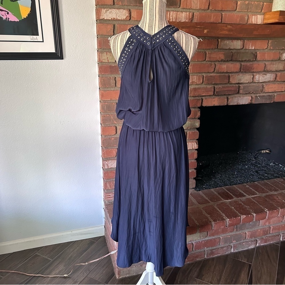 Ramy Brook Autumn Studded Halter Neck Midi Dress in Navy Blue Sz M - Picture 2 of 10